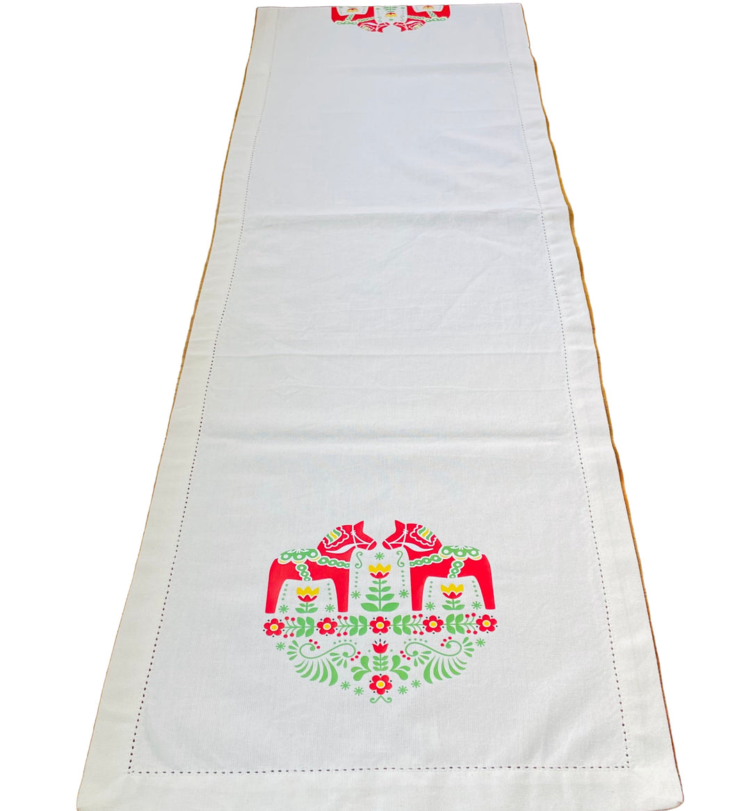 Red Dala horses & Flowers Printed on Cream 52" Table Runner
