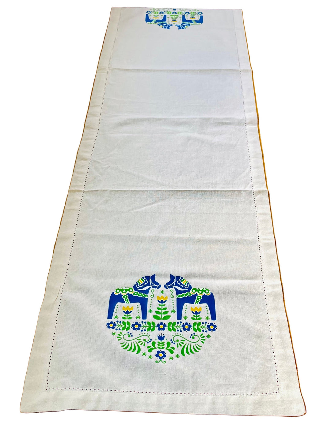 Blue Dala horses & Flowers Printed on Cream 52" Table Runner