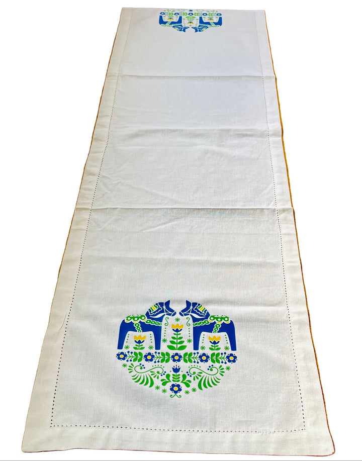 Blue Dala horses & Flowers Printed on Cream 52" Table Runner