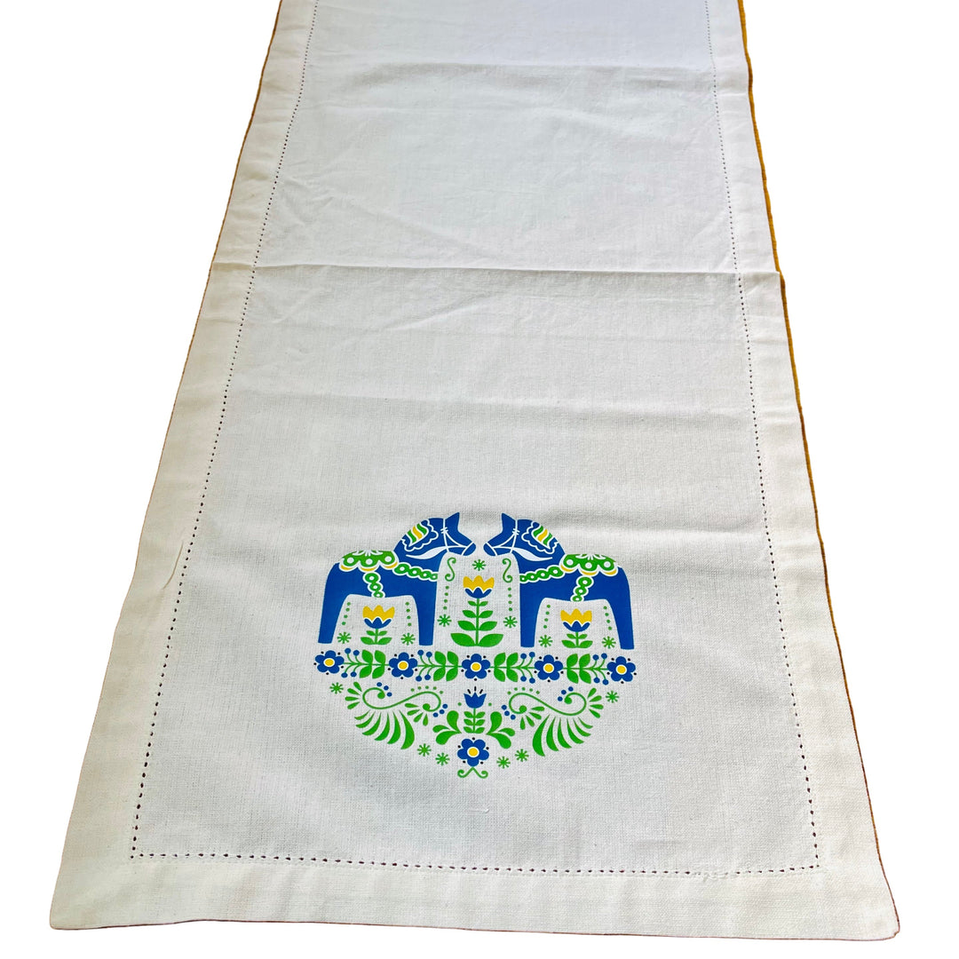 Blue Dala horses & Flowers Printed on Cream 52" Table Runner