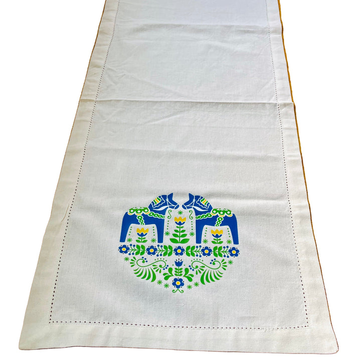 Blue Dala horses & Flowers Printed on Cream 52" Table Runner