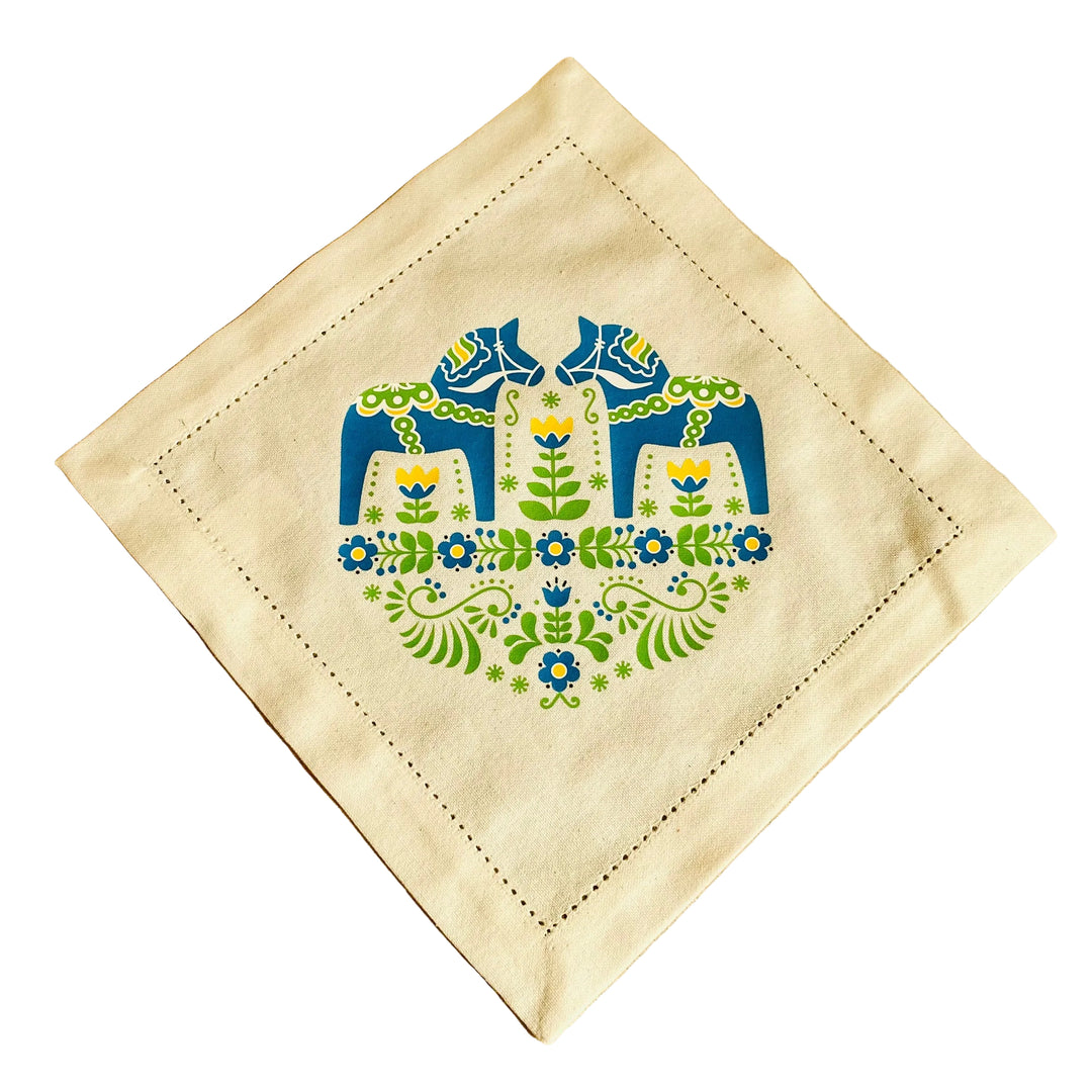 Small Square Doily with Printed Blue Dala Horse & Flowers