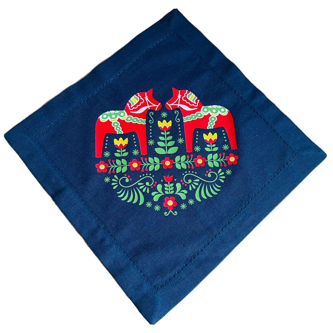 Small Square Doily Printed with Red Dala Horses & Flowers