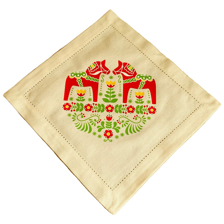 Small Square Doily Printed with Red Dala Horses & Flowers