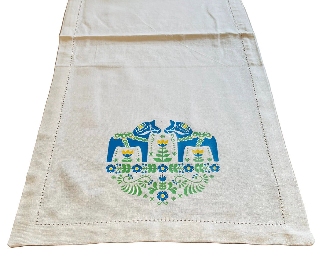 Blue Dala horses & Flowers Printed on Cream 52" Table Runner