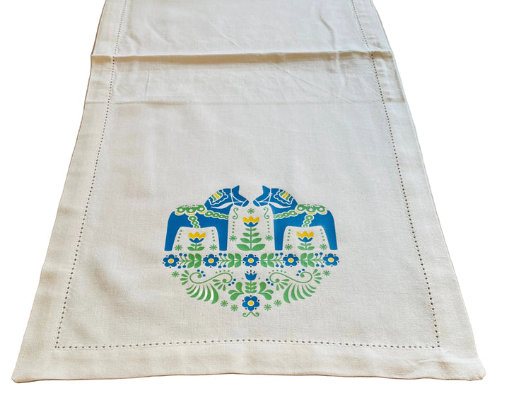 Blue Dala horses & Flowers Printed on Cream 52" Table Runner