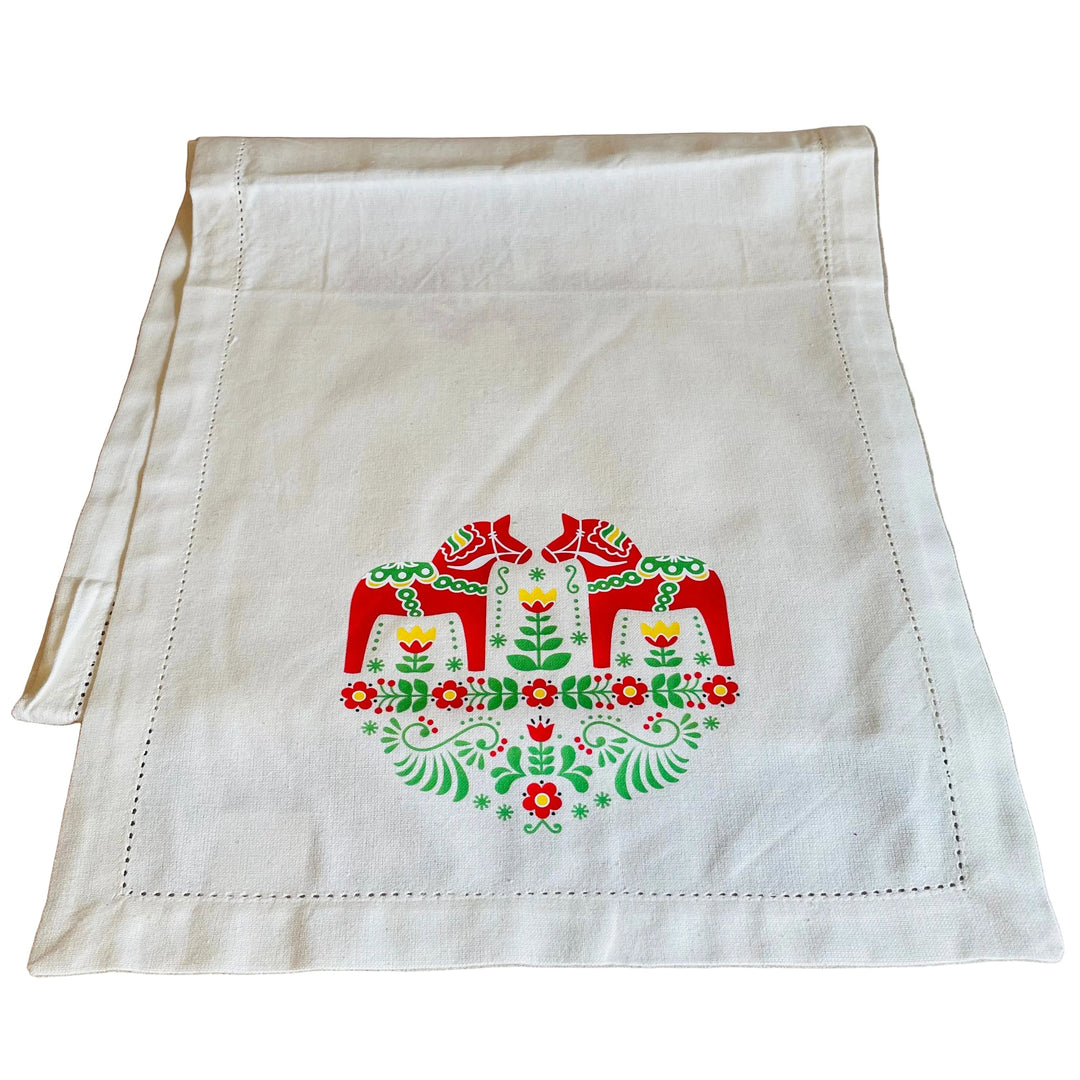 Red Dala horses & Flowers Printed on Cream 52" Table Runner