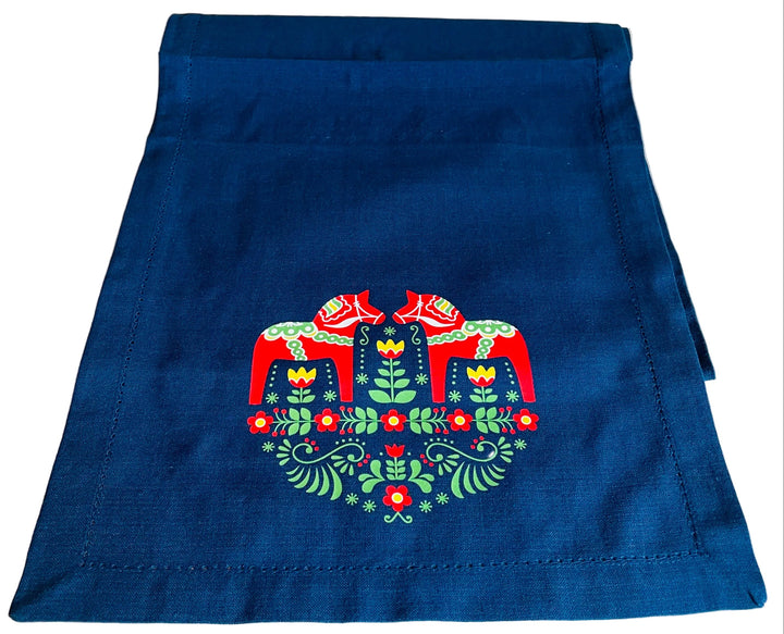 Red Dala horses & Flowers Printed on Blue 52" Table Runner