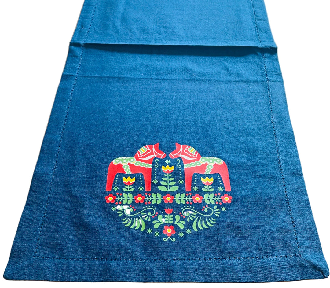 Red Dala horses & Flowers Printed on Blue 52" Table Runner