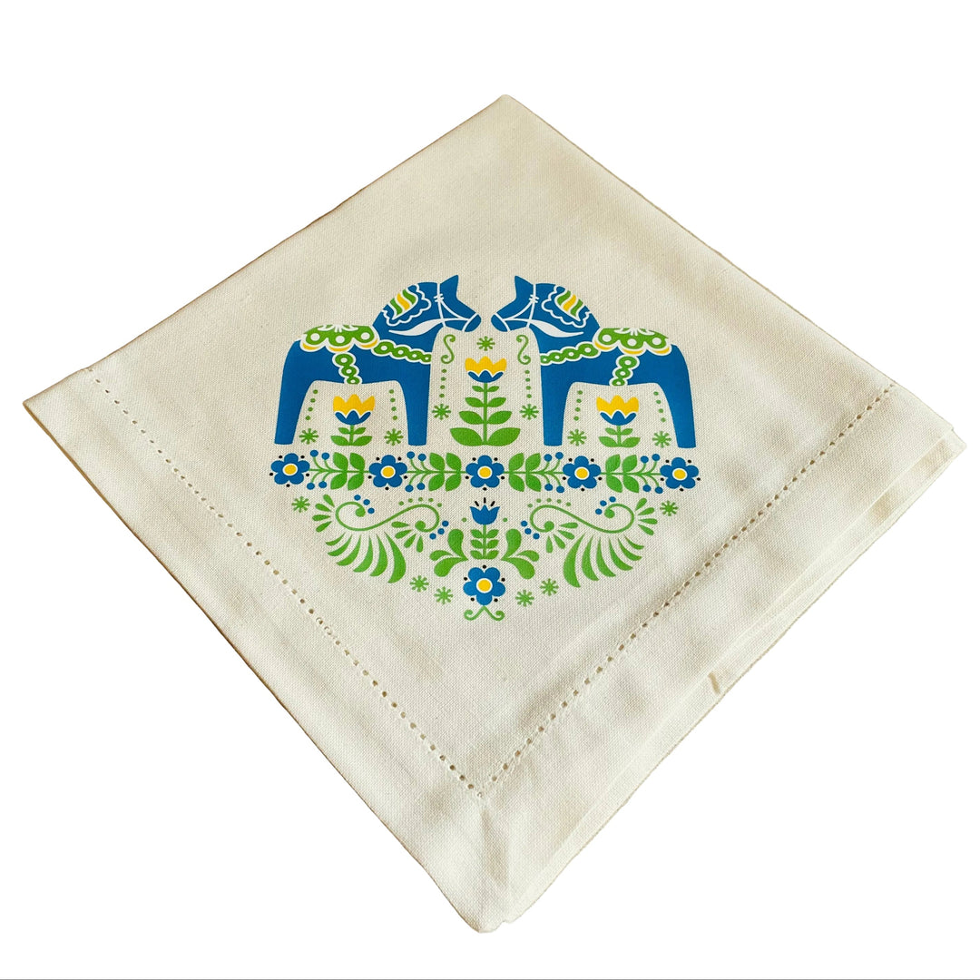 Large Square Napkin Printed Dala Horse & Flowers