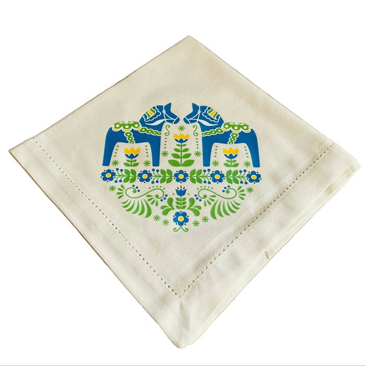 Large Square Napkin Printed Dala Horse & Flowers