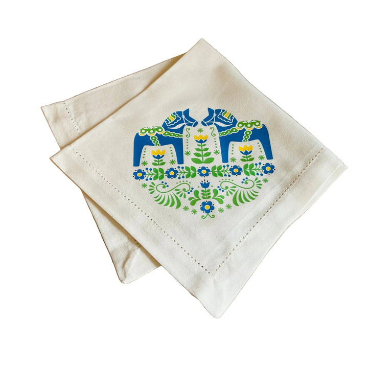Large Square Napkin Printed Dala Horse & Flowers
