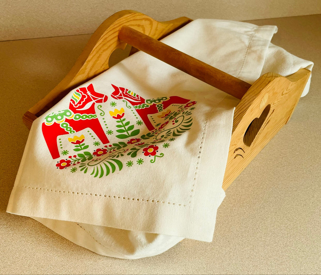 Large Square Napkin Printed Dala Horse & Flowers