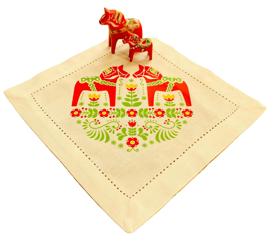 Small Square Doily Printed with Red Dala Horses & Flowers