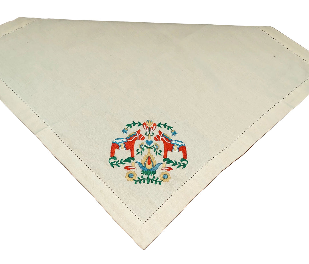 Large Square Napkin Embroidered Dala Horse & Flowers on Cream