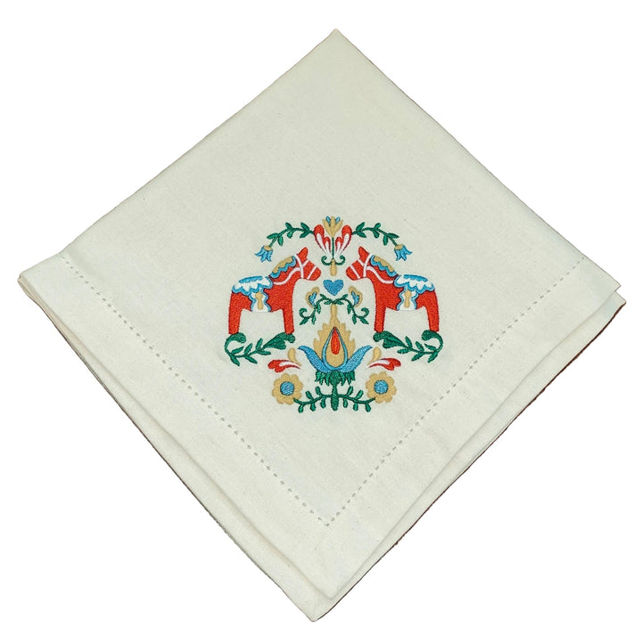 Large Square Napkin Embroidered Dala Horse & Flowers on Cream