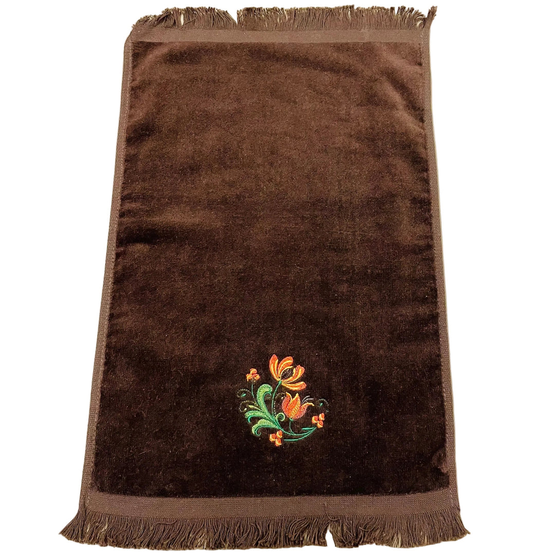 Finger tip towel - Rosemaling Flower on Brown