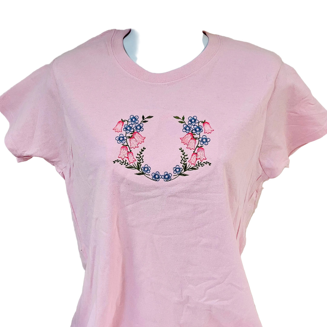 Linnea Flowers on Ladies Pink T-shirt