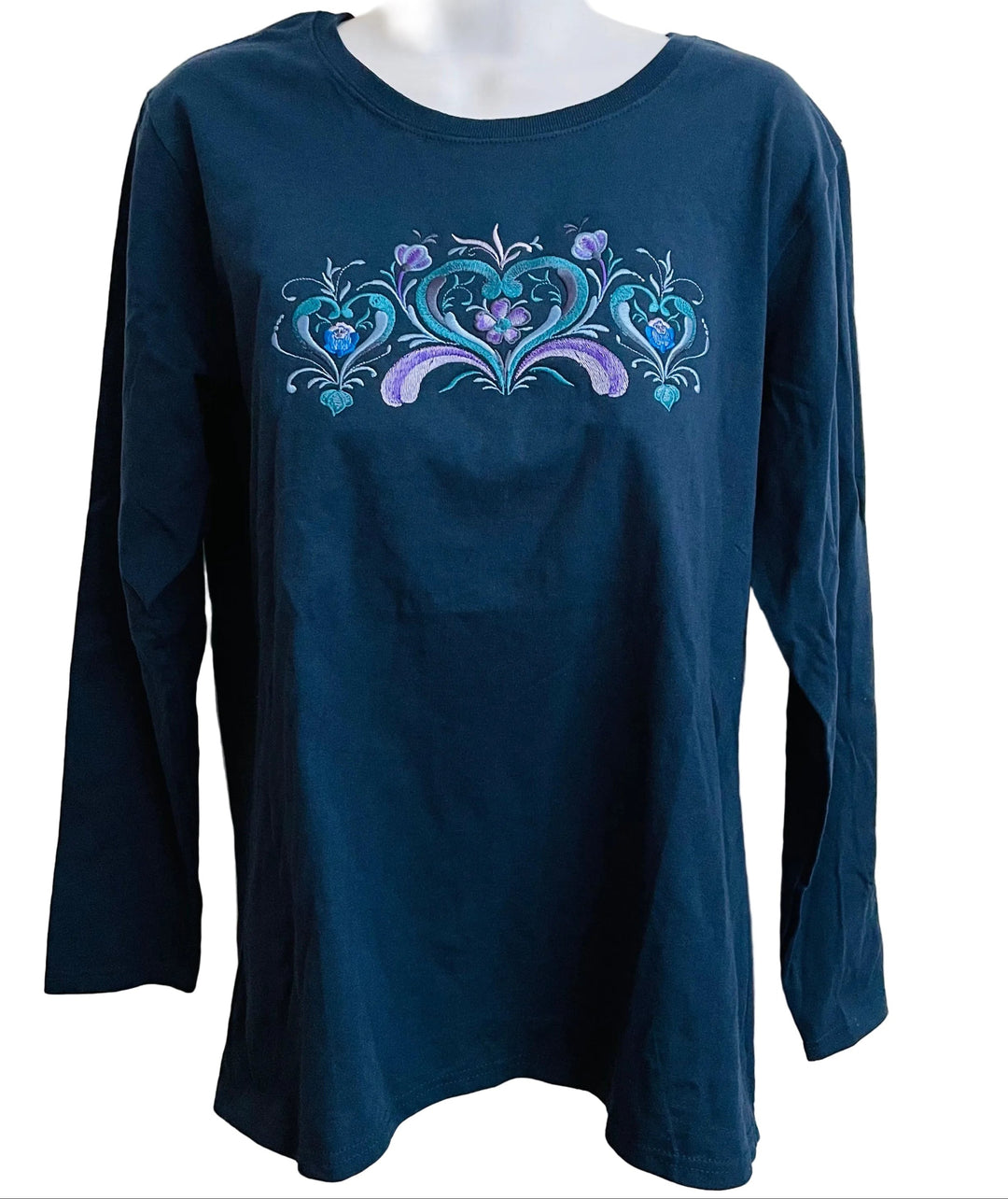 Rosemaling Hearts on Ladies Navy Long Sleeve T-shirt