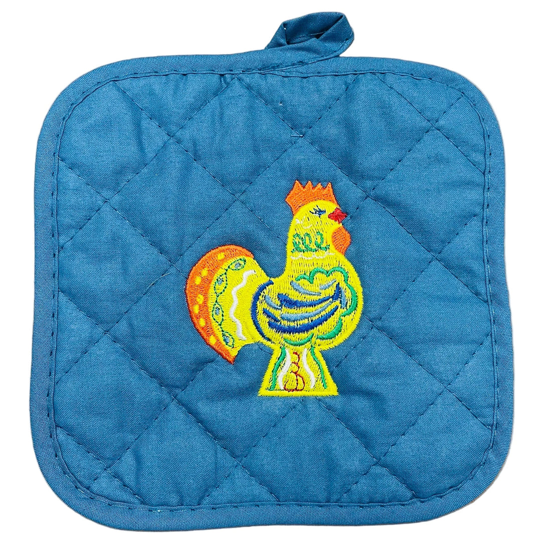 Pot holder - Swedish Dala rooster on denim blue