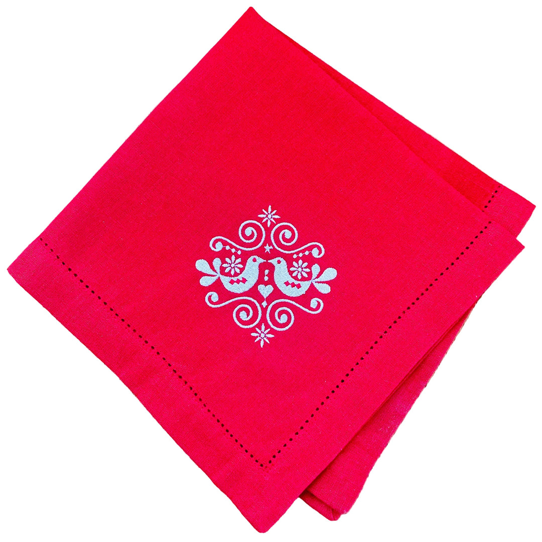 Large Square Napkin EmbroideredFolk Art Birds on Red