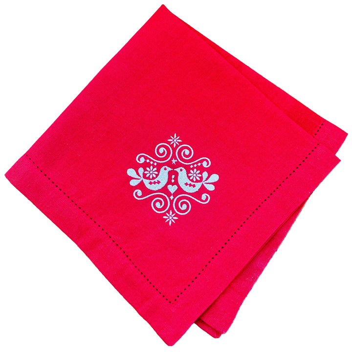 Large Square Napkin EmbroideredFolk Art Birds on Red