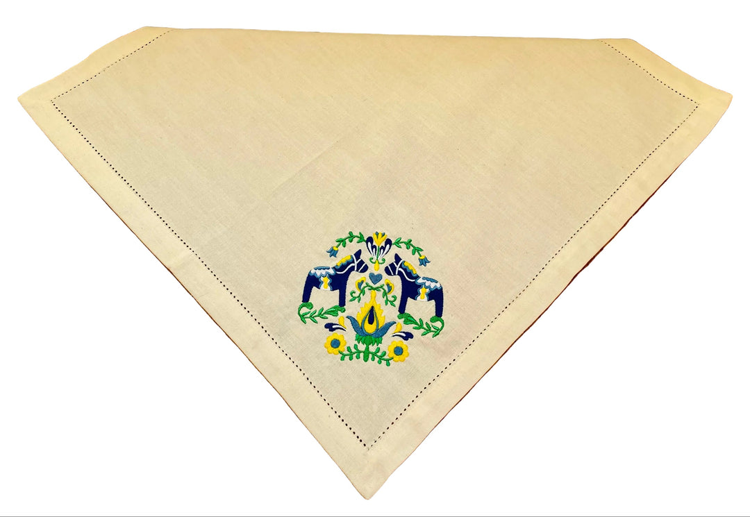 Large Square Napkin Embroidered Blue Dala Horse & Flowers on Cream
