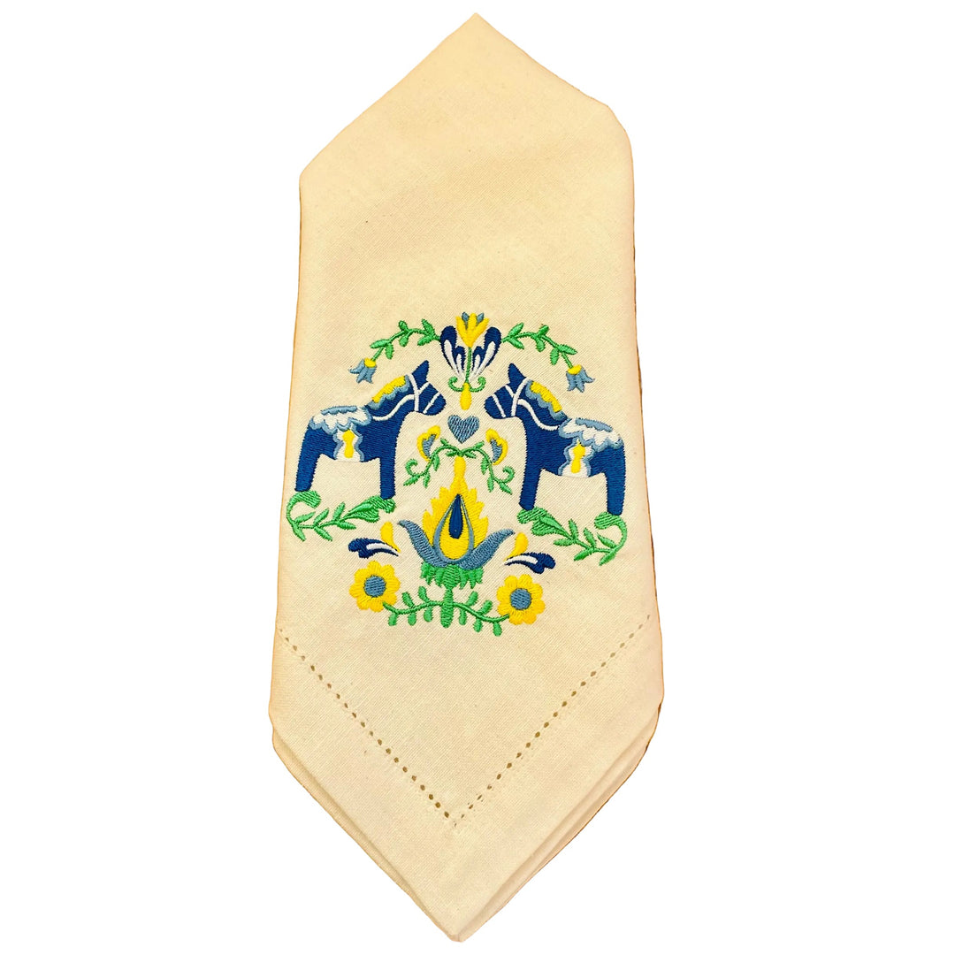 Large Square Napkin Embroidered Blue Dala Horse & Flowers on Cream