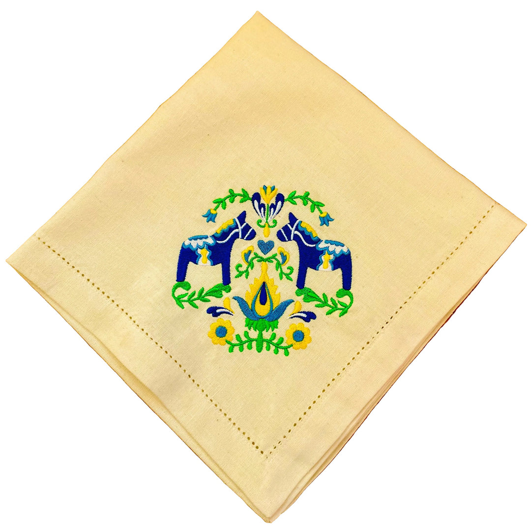 Large Square Napkin Embroidered Blue Dala Horse & Flowers on Cream