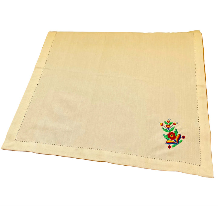 Large Square Napkin Embroidered Kurbits Flower on Cream