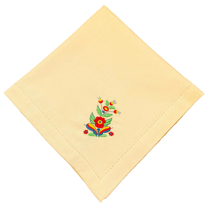 Large Square Napkin Embroidered Kurbits Flower on Cream