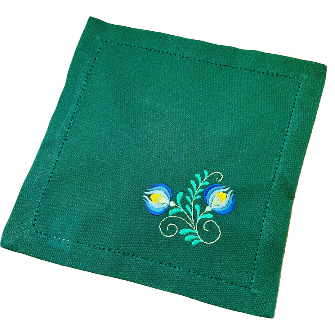 Small Square Doily Embroidered Flowers on Green
