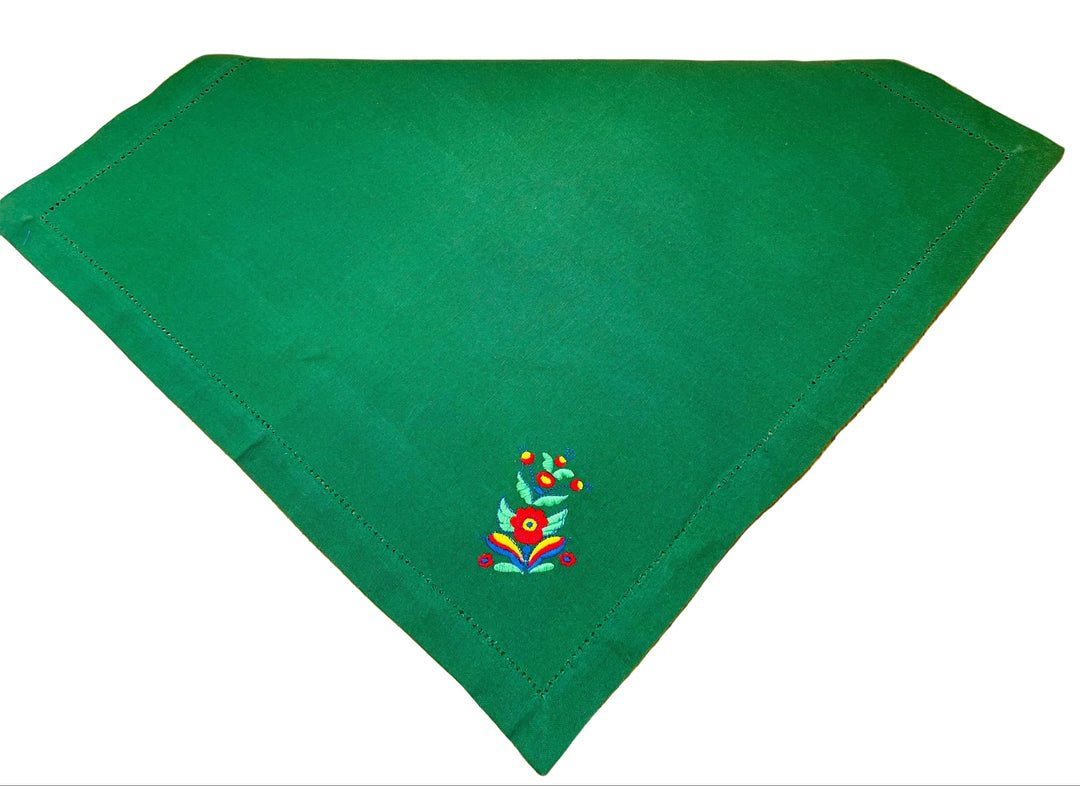 Large Square Napkin Embroidered Kurbits Flower on Green