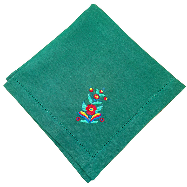 Large Square Napkin Embroidered Kurbits Flower on Green
