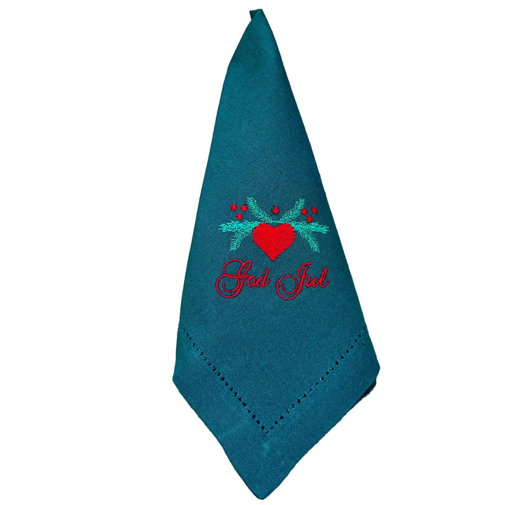 Large Square Napkin  Embroidered God Jul Hearts & Pines
