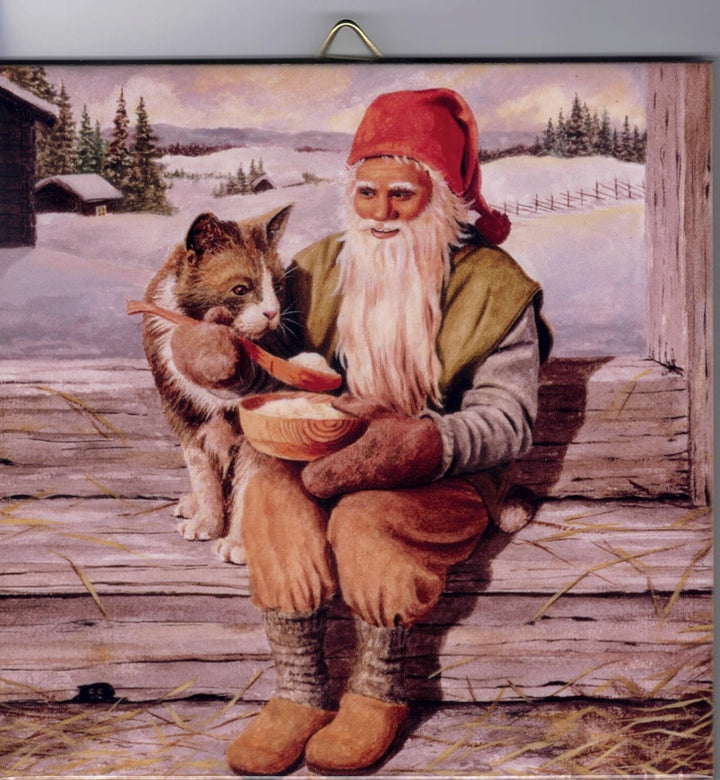 6" Ceramic Tile Jan Bergerlind Tomte eating porridge with cat
