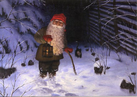 Boxed cards, Jan Bergerlind Tomte with walking stick with Norwegian Nisse story