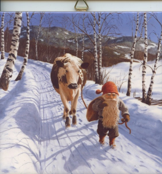 6" Ceramic Tile, Jan Bergerlind Tomte and Cow