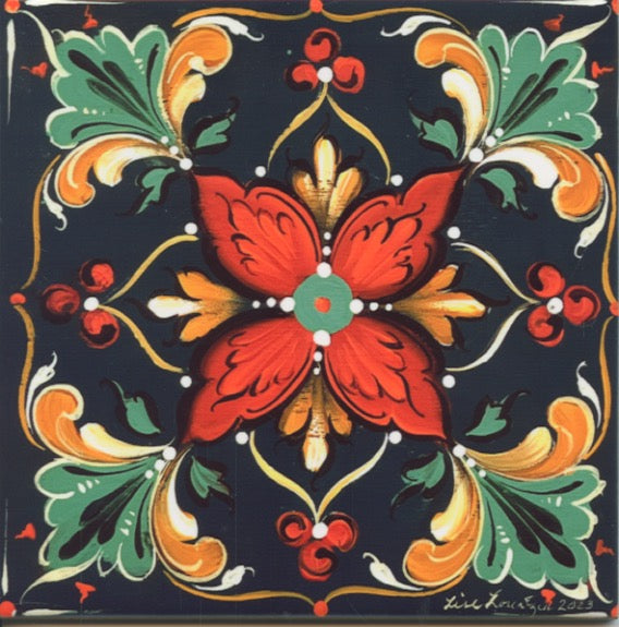 6" Ceramic Tile, Lise Lorentzen Navy Rosemaling