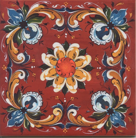 6" Ceramic Tile, Lise Lorentzen Red Rosemaling