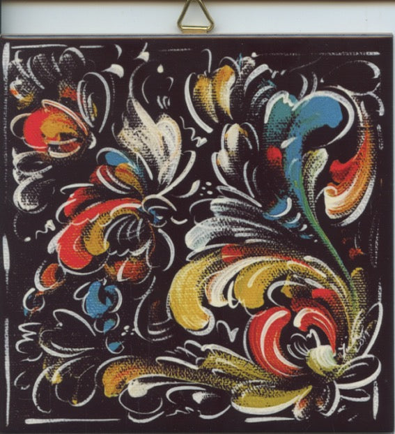 6" Ceramic Tile, Lise Lorentzen Black Rosemaling