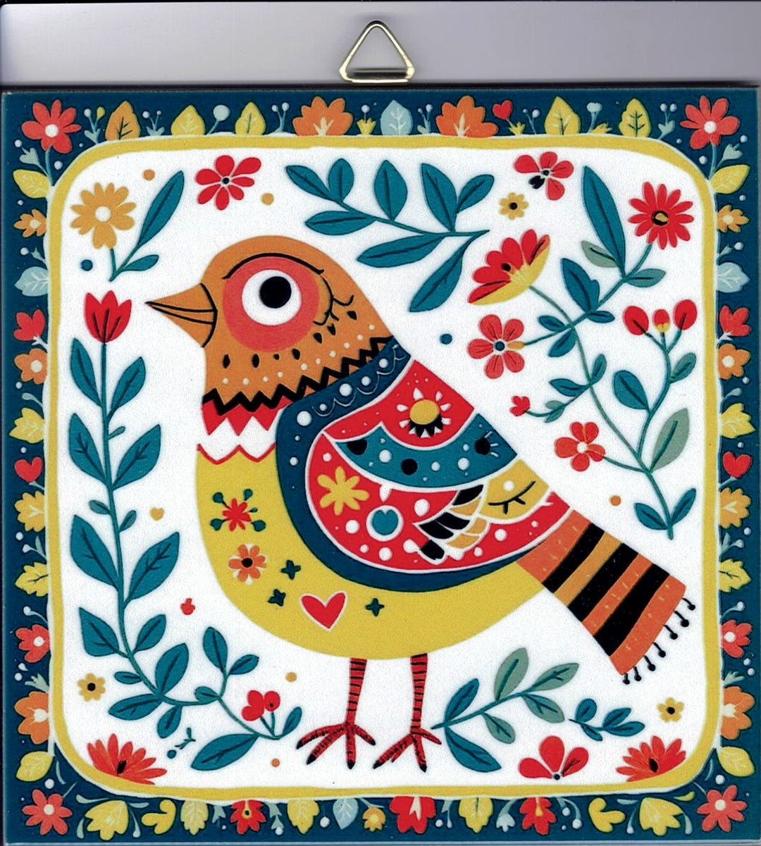 6" ceramic tile, Nordic bird with flowers