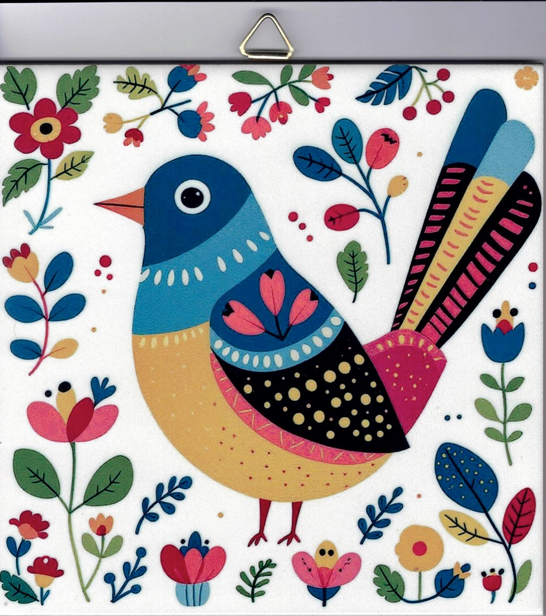 6" ceramic tile, Nordic bird with flowers