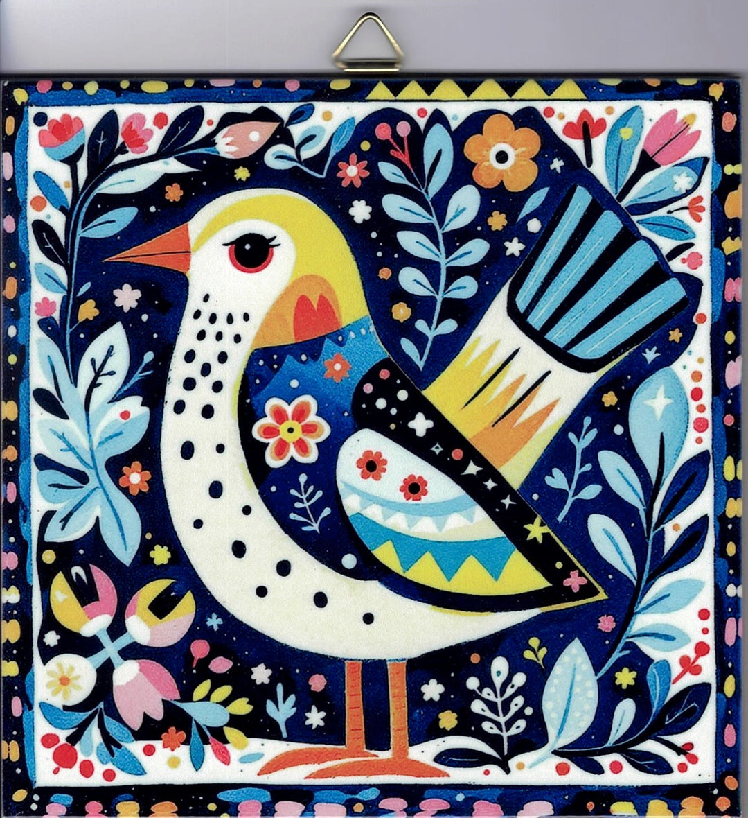6" ceramic tile, Nordic bird with flowers