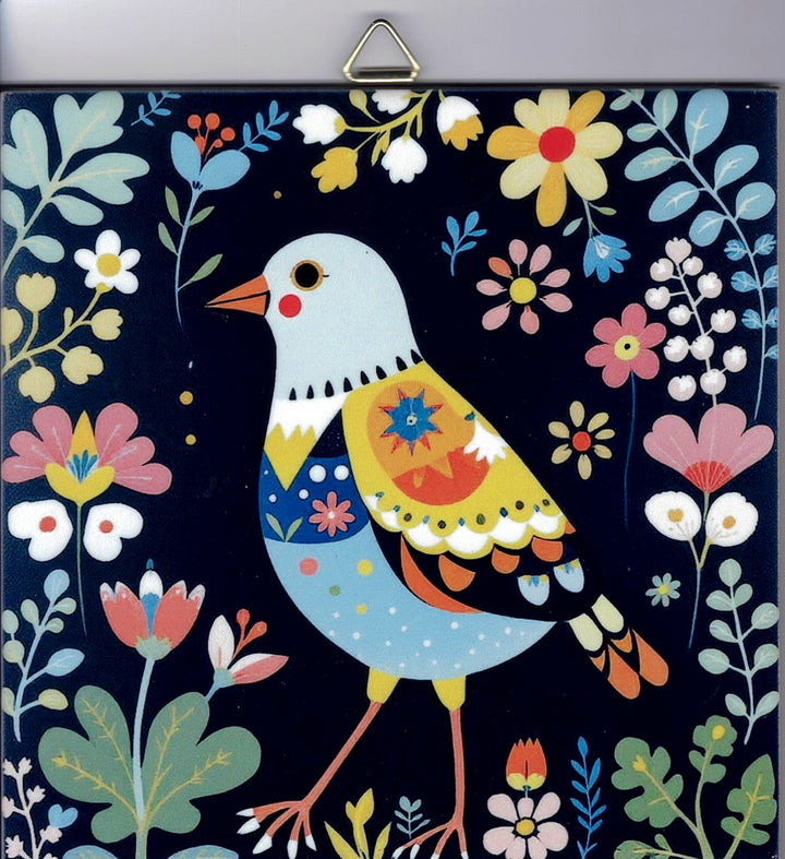 6" ceramic tile, Nordic bird with flowers