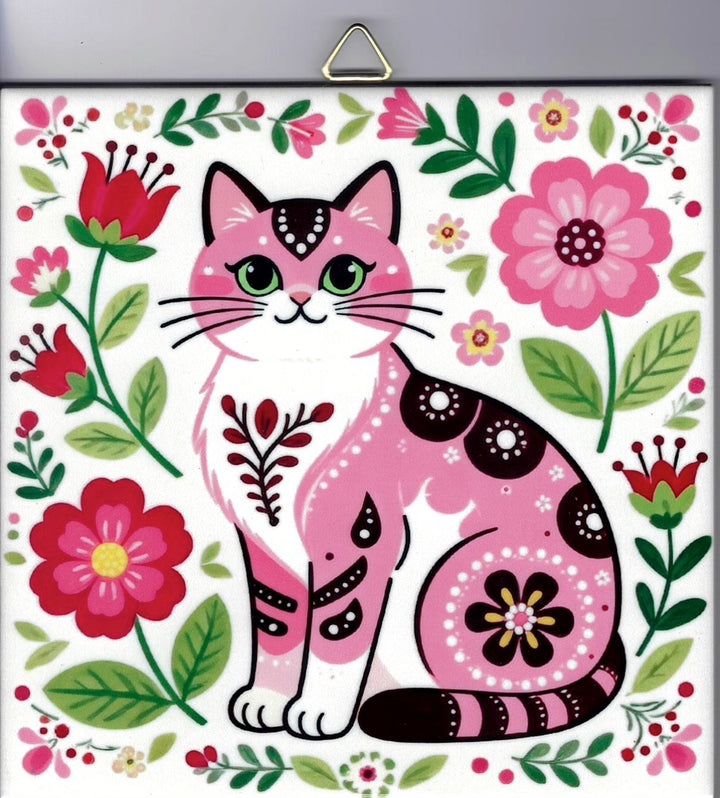 6" ceramic tile, Nordic cat with flowers