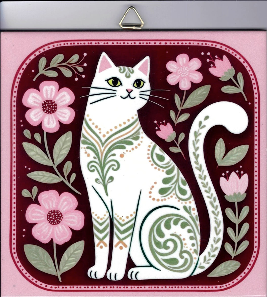 6" ceramic tile, Nordic cat with flowers