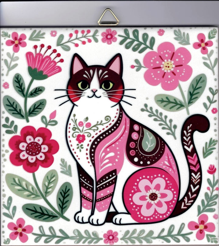 6" ceramic tile, Nordic cat with flowers