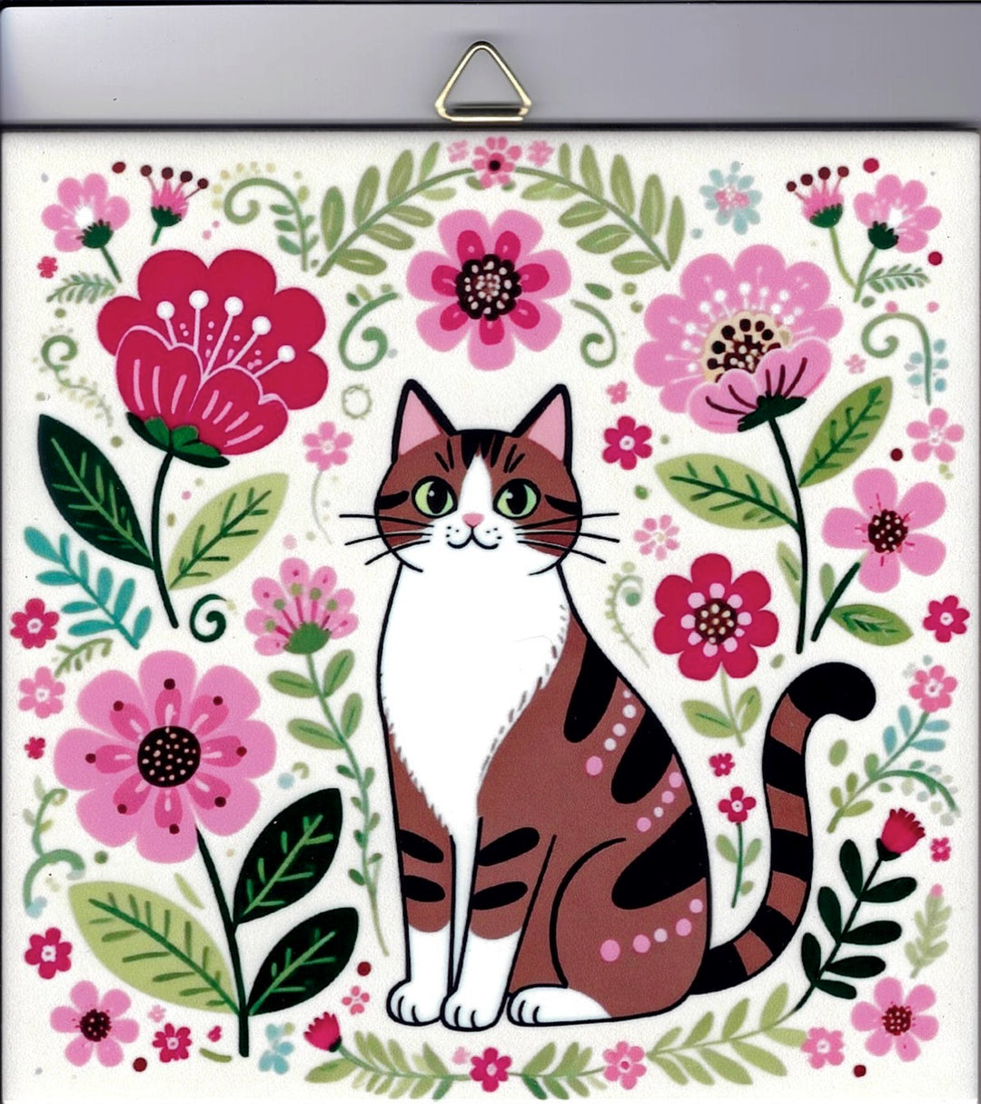 6" ceramic tile, Nordic cat with flowers