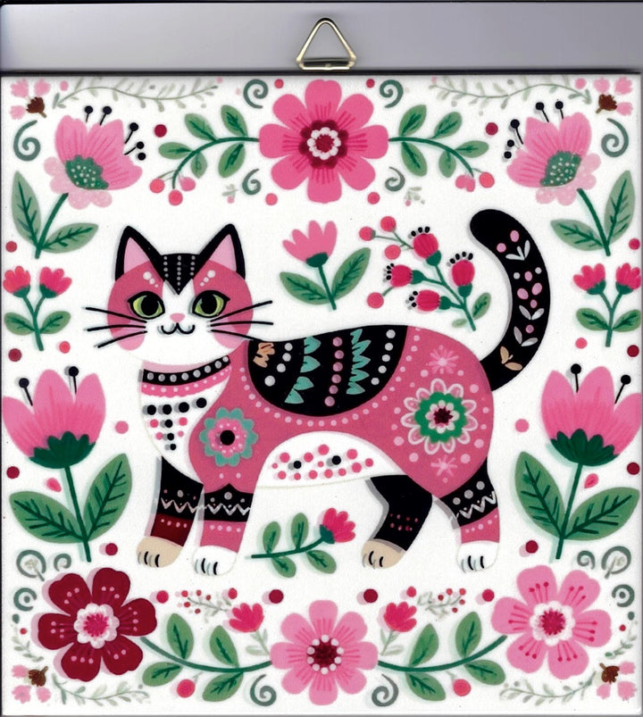 6" ceramic tile, Nordic cat with flowers